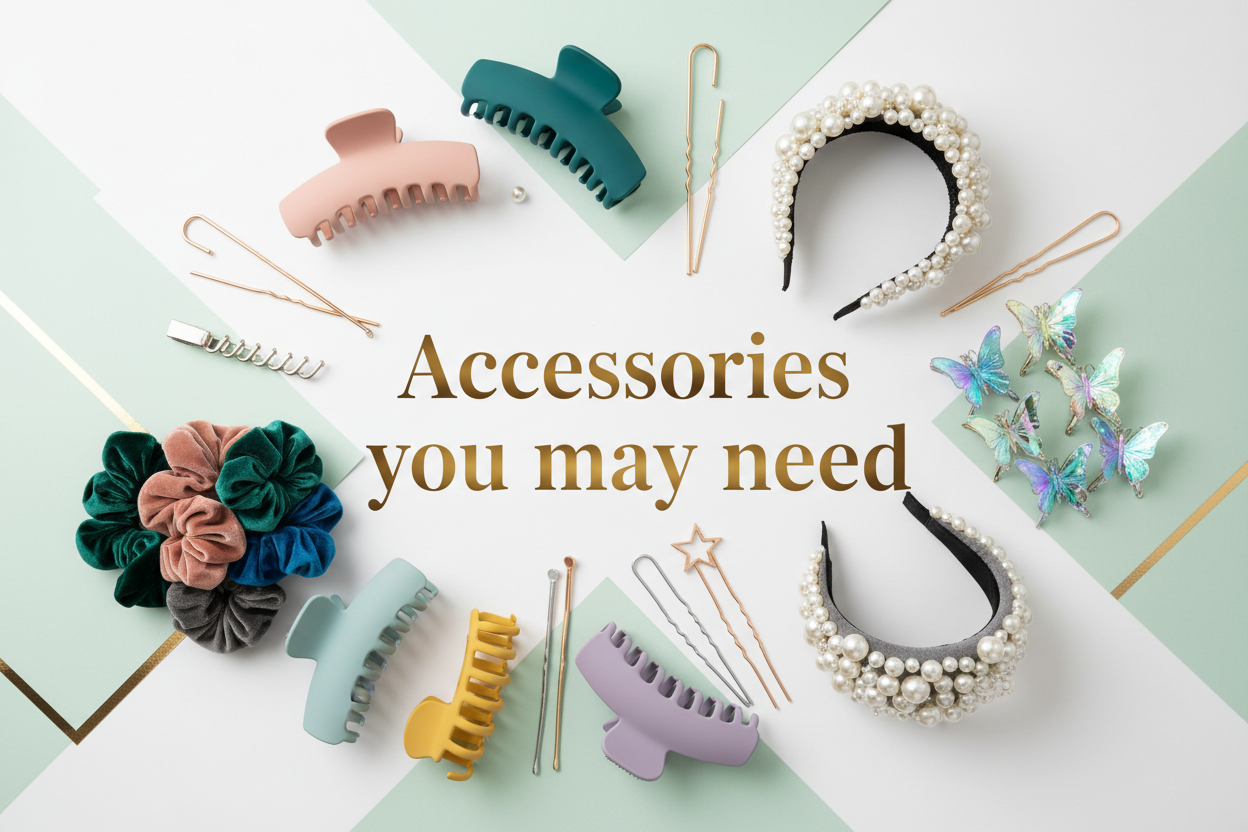 Collection cover, like a promotional image, showing trendy hair accessories in a withe and green background, with the text, "Accessories you may need" centered